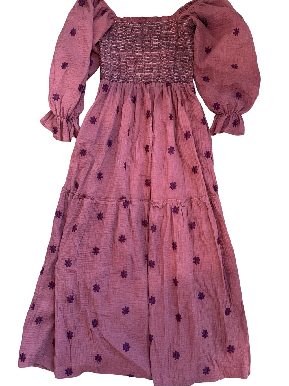 Dahlia dupe Smocked Puff-Sleeve Floral Embroidered Maxi Dress Brown Boho Med